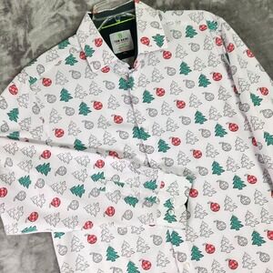Tom Baine Shirt‎ Mens XL White Christmas Tree Pint Slim Fit Performance Holiday